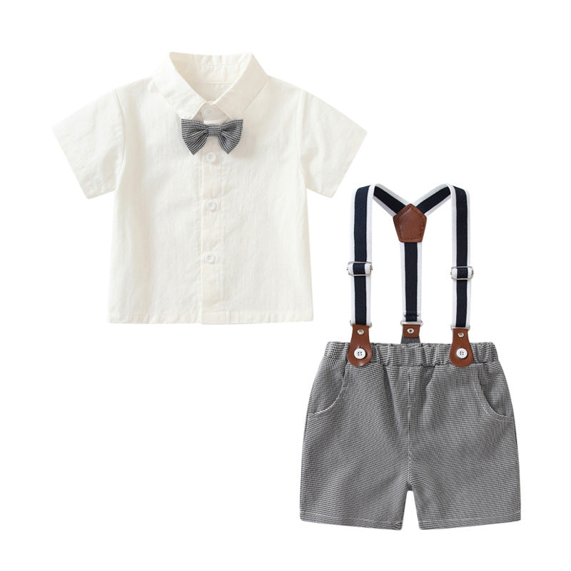 Children's Summer Plaid Shirt Short-sleeved Suspender Pants Korean Boys Gentleman Children's Suit