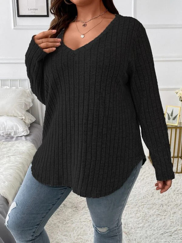 Women's Solid Color Clothes Long Sleeve Sunken Stripe Brushed Loose Tops