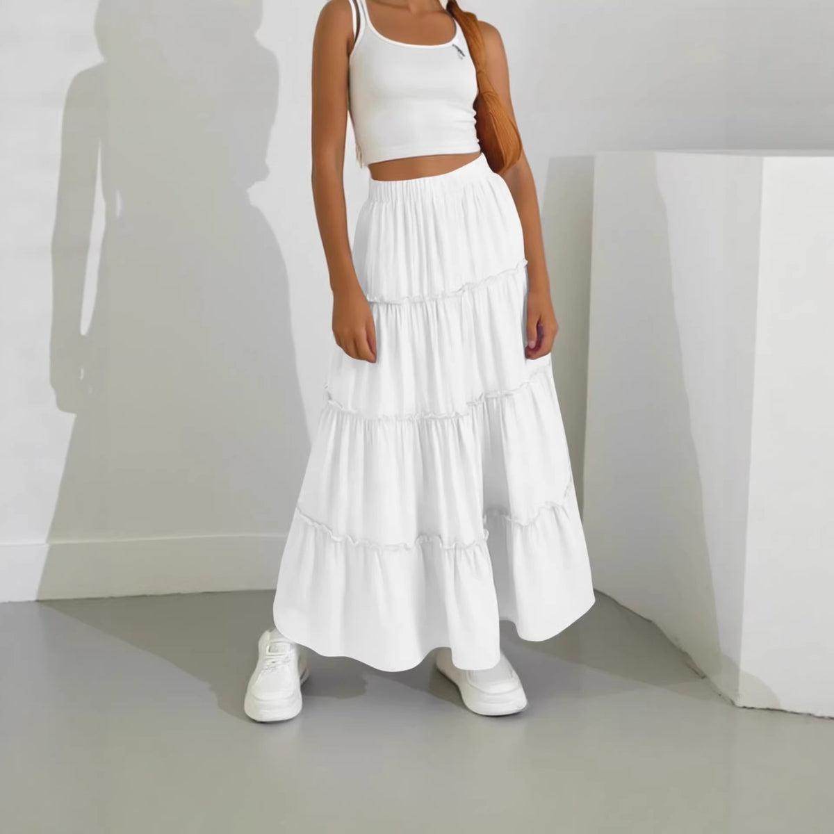 Women's Pleated Long A- Line Double Rounds Lined Skirt