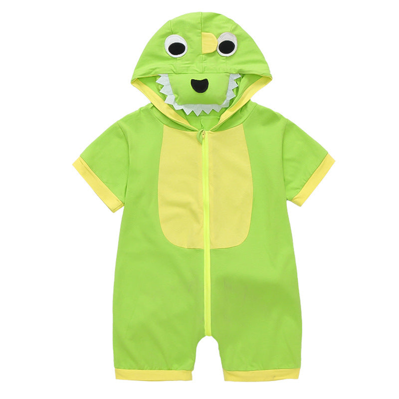 Children's Pajamas Summer Boy's Cotton Short-sleeved Boy Cartoon Dinosaur Romper Hooded Jumpsuit, Climbing Suit
