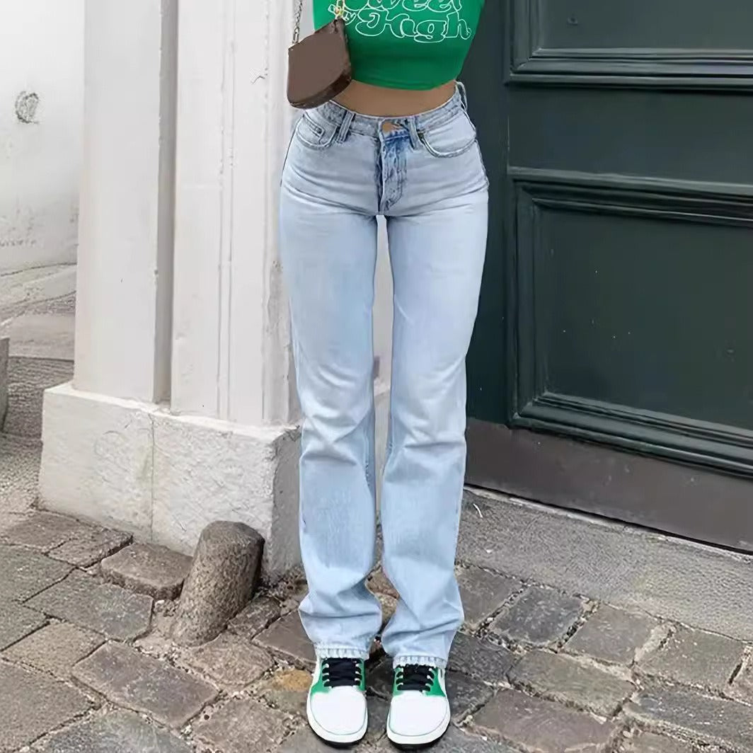 Trendy Women's High Waist Elastic Straight Jeans