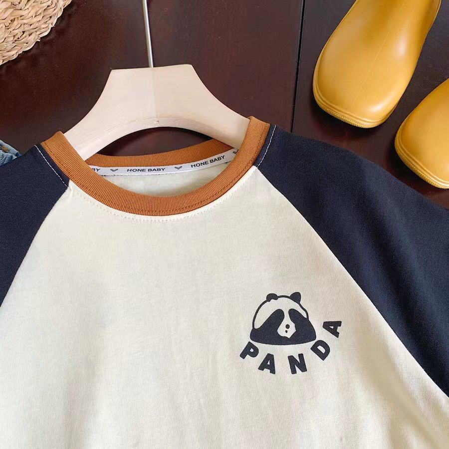 Children's Boy's Short-sleeved Summer Raglan Sleeve Cartoon Panda Contrast Children's T-shirt