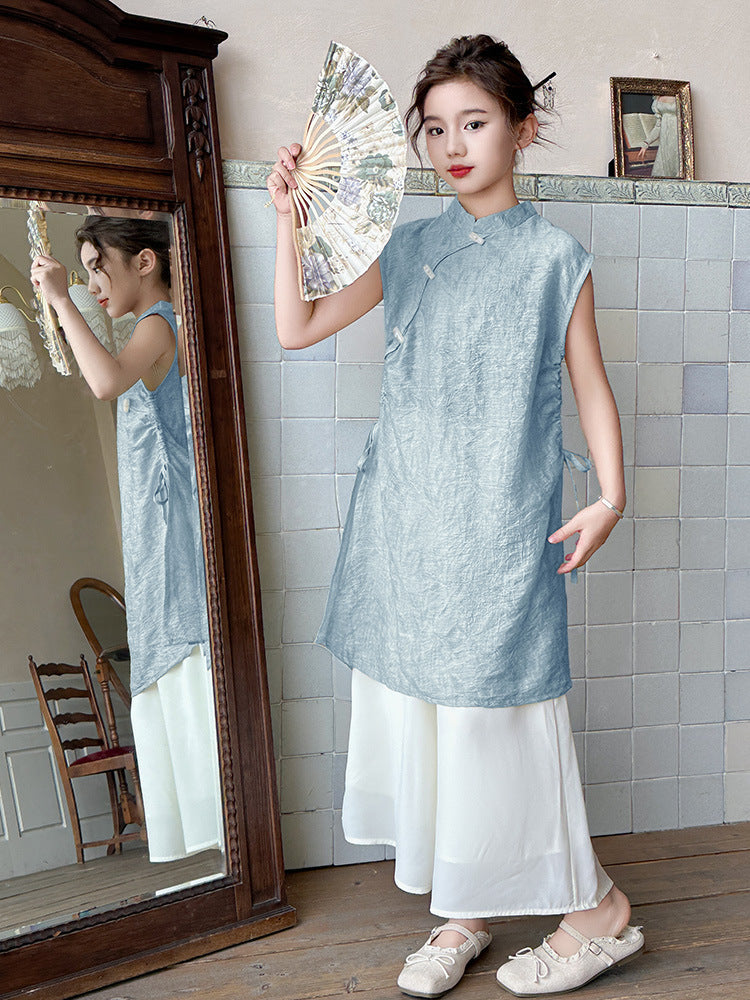 Children's Suits Summer National Sleeveless Cheongsam Dress Children's Suit