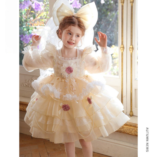 Children's Princess Long Sleeve Mesh Cake Rose Decorative Tulle Children's Dress