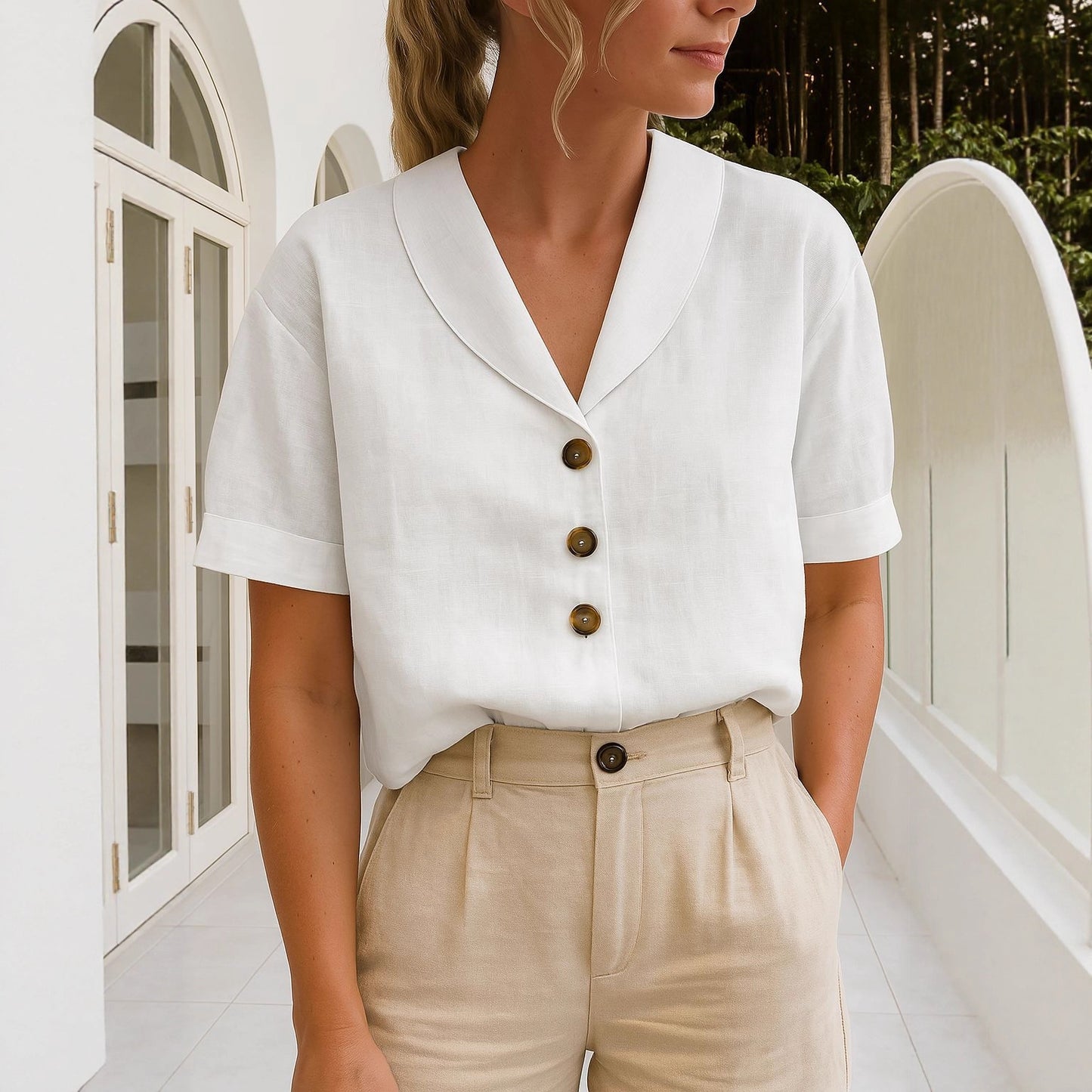 Women's Casual Long Sleeve Cotton Linen Solid Color Blouse