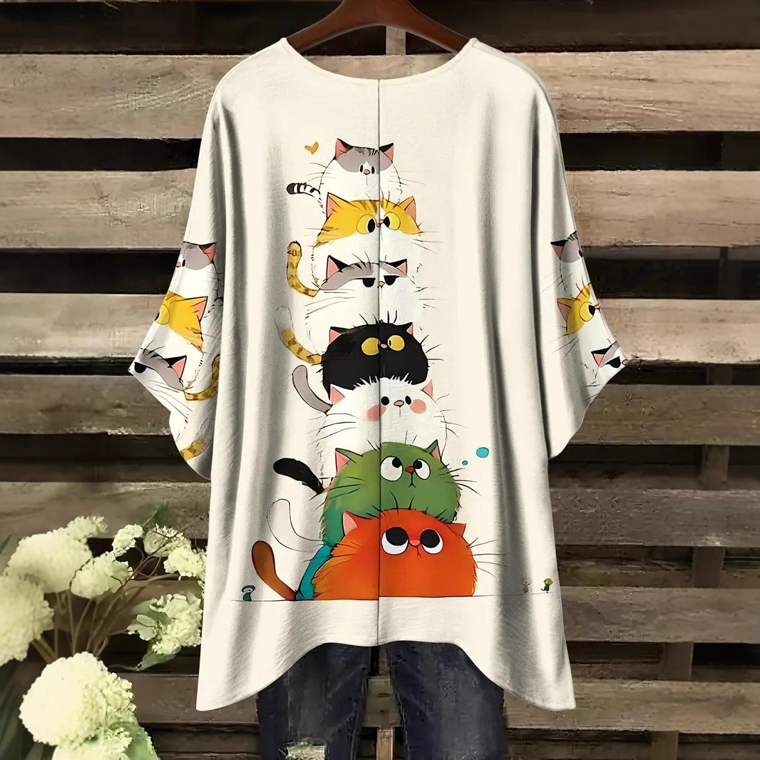 Women's Extra Cartoon Printed Round Neck Summer Large Size T-shirt