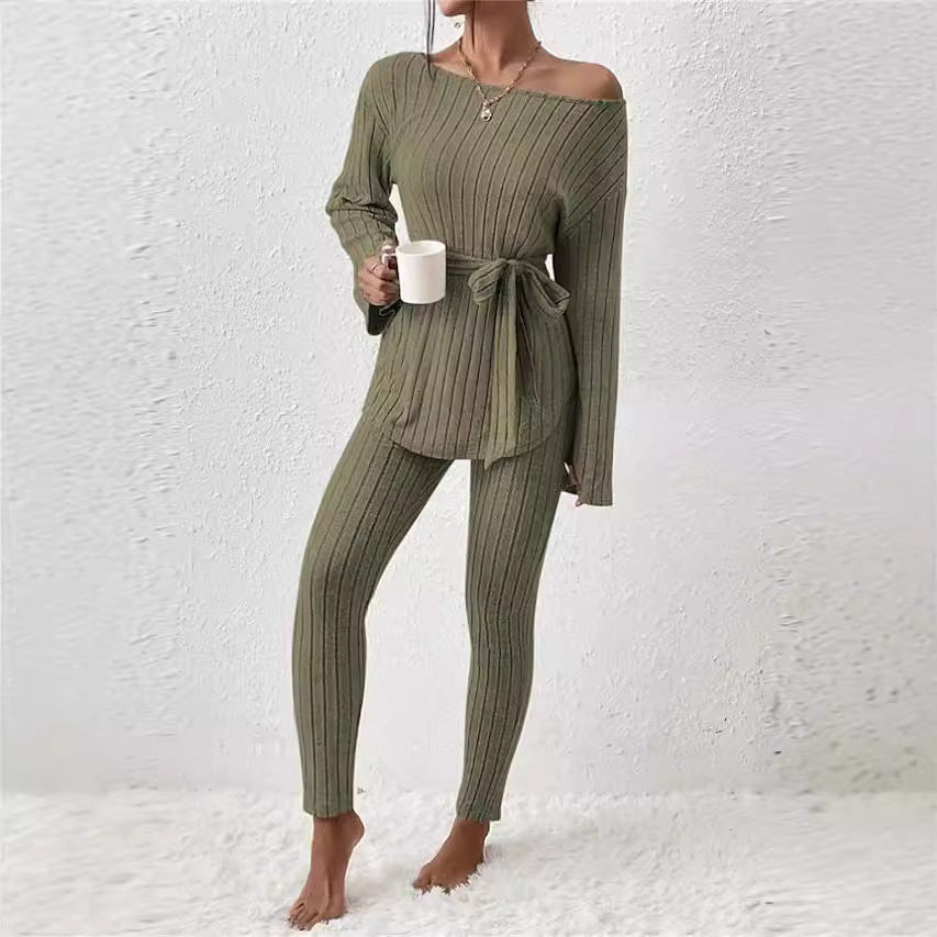 Women's Solid Color Belt Trousers Two-piece Set Fashion Casual Suit