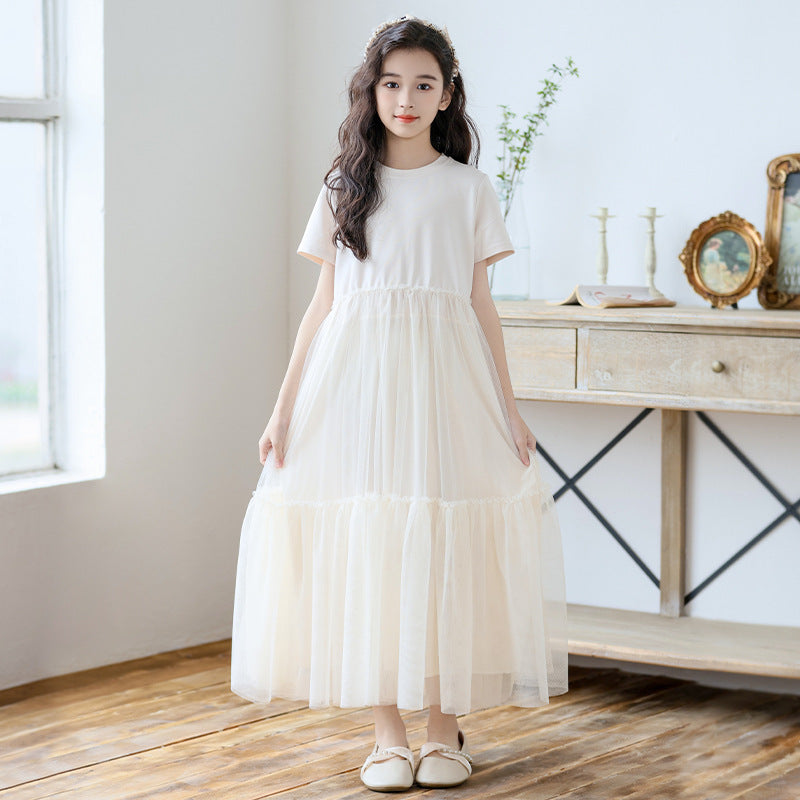 Small Teen Mesh Stitching Summer Casual Children's Dress