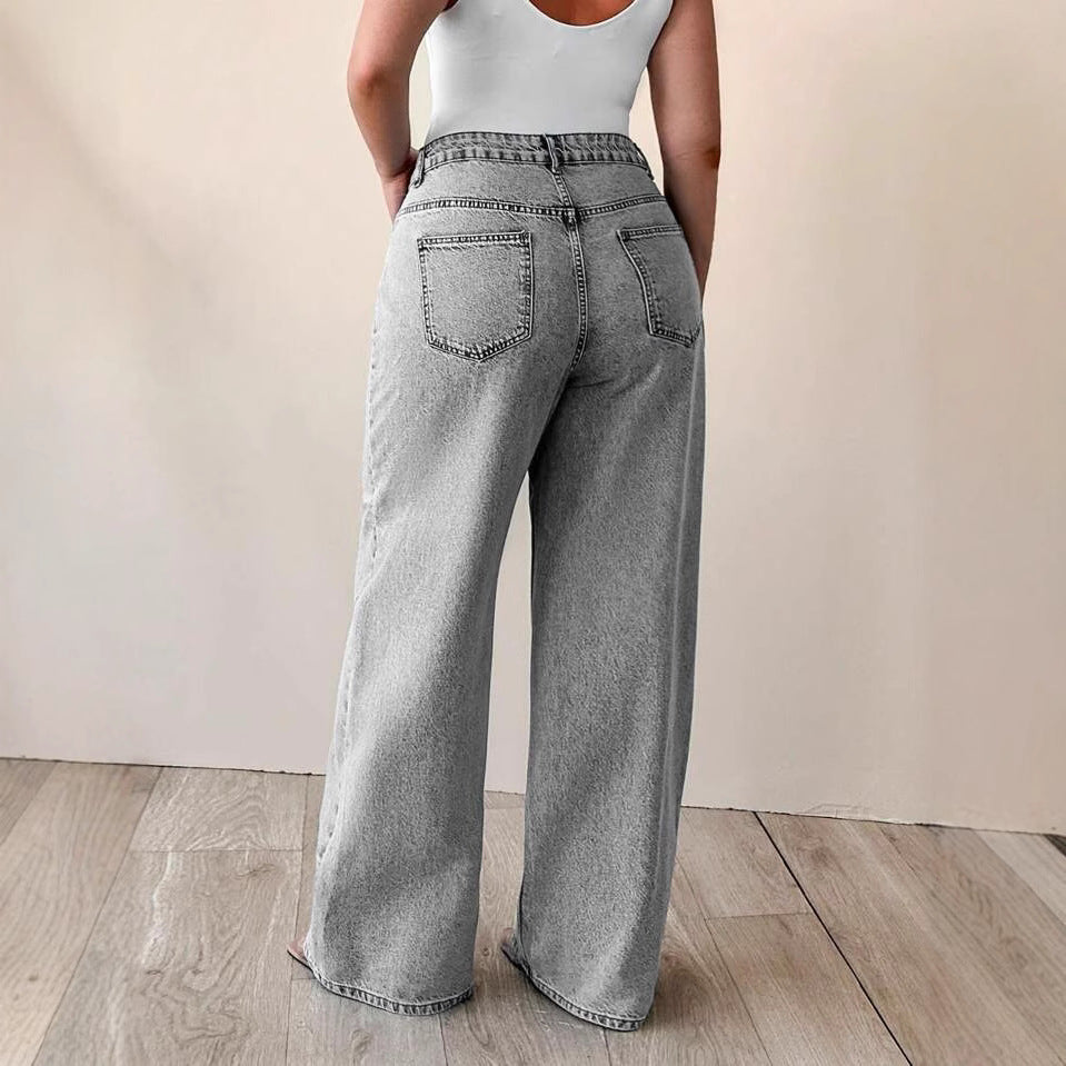 Women's Ripped Washed High Waist Straight Slimming Denim Trousers Jeans