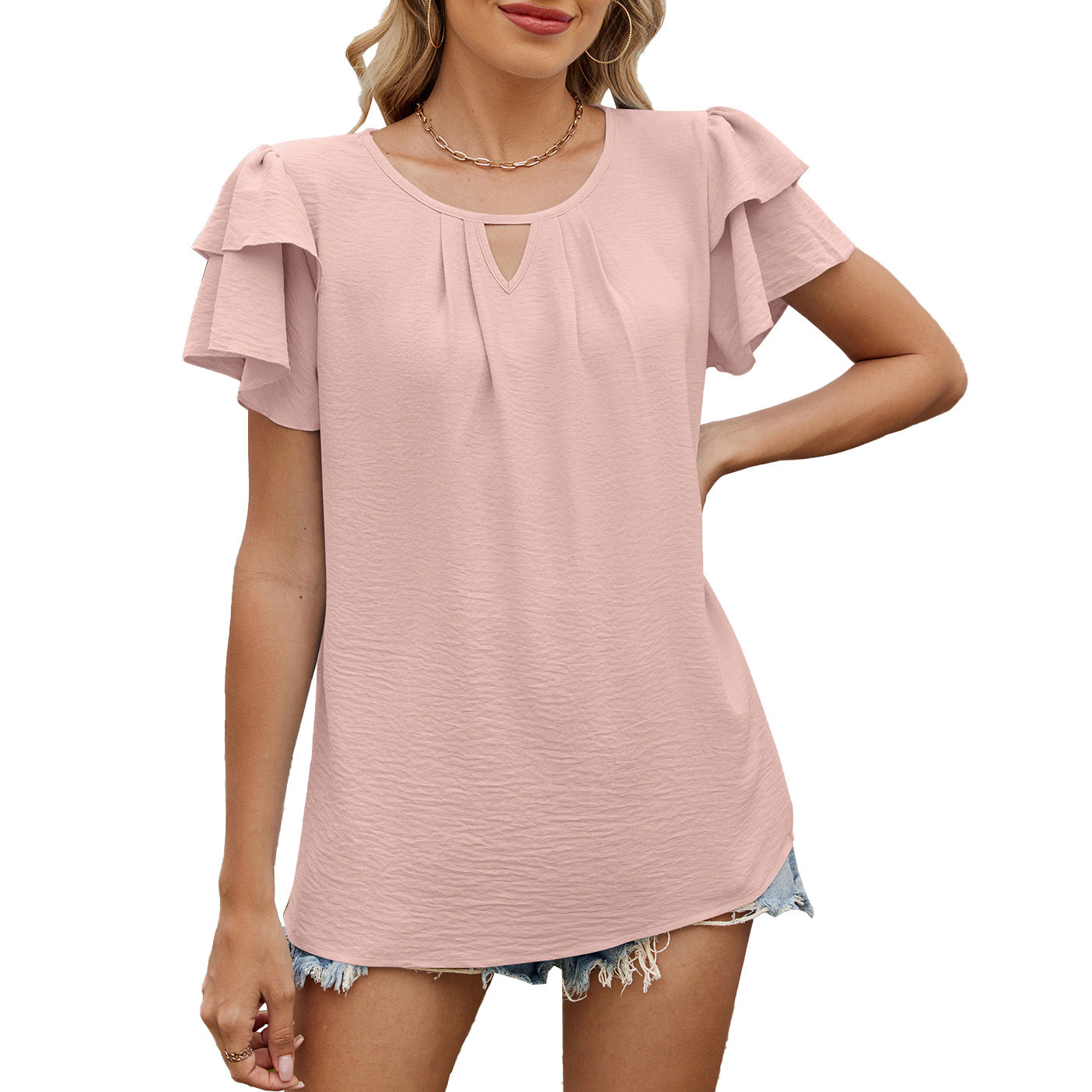 Women's Solid Color Sleeve Loose T-shirt For Lace Shirt, Chiffon Shirt