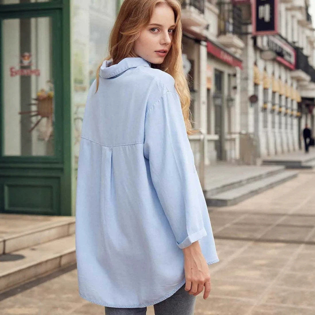 Women's Shirt Loose Three-quarter Sleeve Double Pocket Versatile Large Blouse