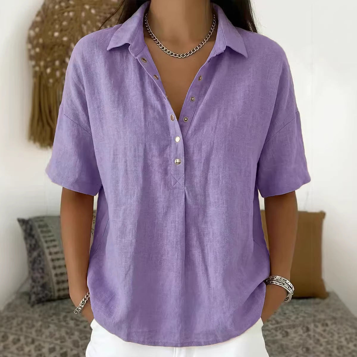 Women's Summer Loose Snap Fastener Lapel Sleeve Solid Color Women's T-shirt
