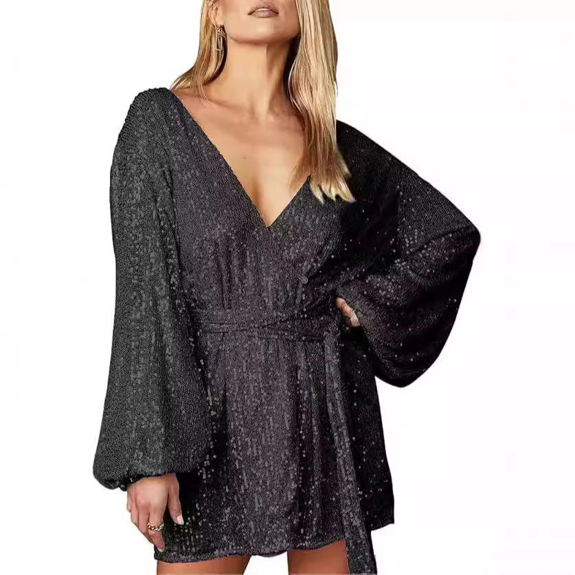 Women's Sequined Mini Slim Dress Collar Long-sleeved Bubble Sleeve Glitter Wrap-around Skirt