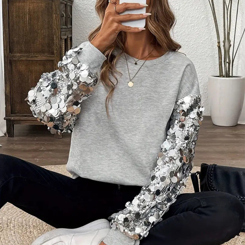 Women's Fashion Sequin Stitching Long-sleeved Shirt Casual Blouse
