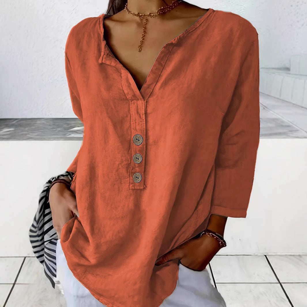 Fashion Ladies Solid Color Notched Collar Shirt Blouse