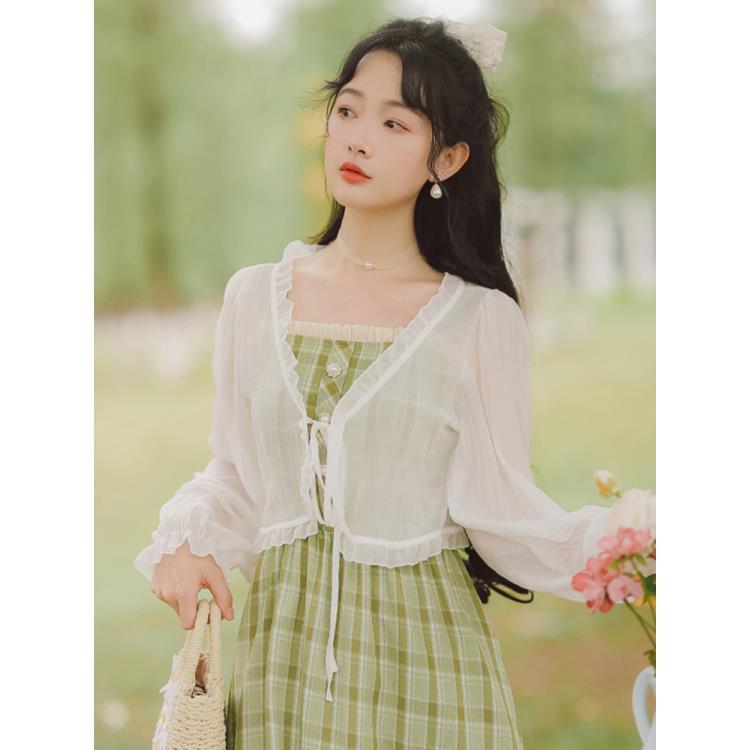 Women's Small With Suspenders Thin Shawl Outerwear Cover-up Lace Shirt, Chiffon Shirt