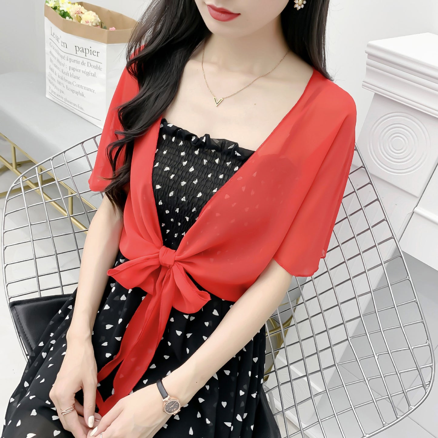Women's Summer Outwear Western Style Shawl With Lace Shirt, Chiffon Shirt