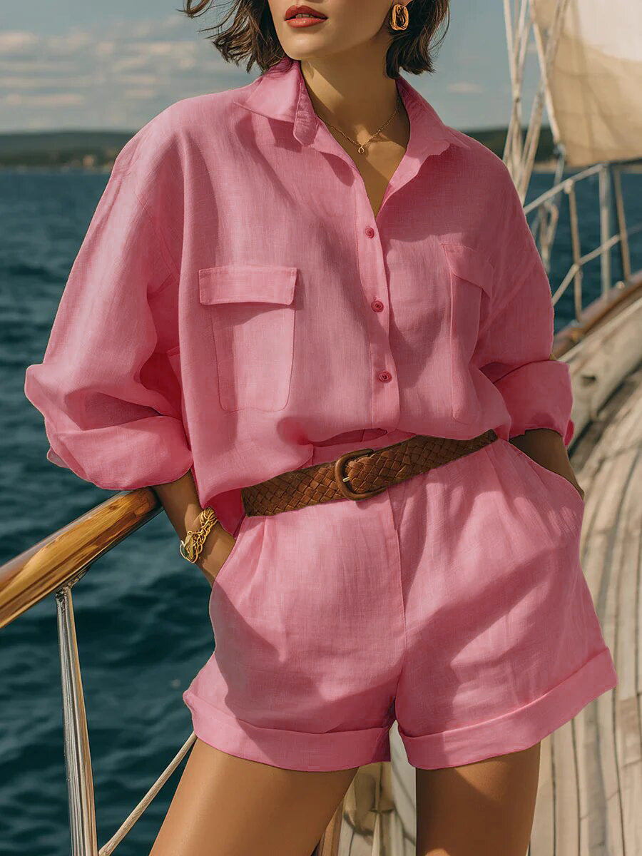 Women's Solid Color Loose Breasted Shirt Set Shorts