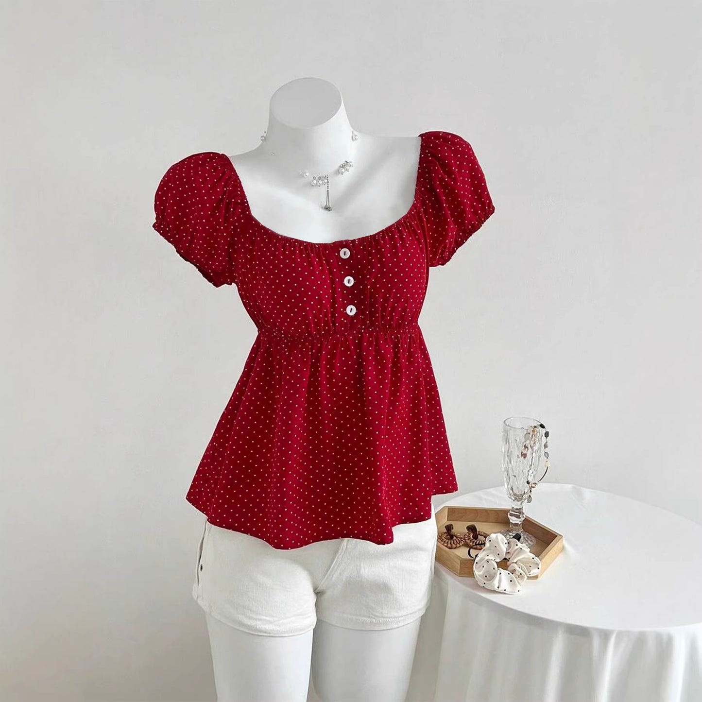 Women's Polka Dot Puff Sleeve French Cinched Lace Shirt, Chiffon Shirt