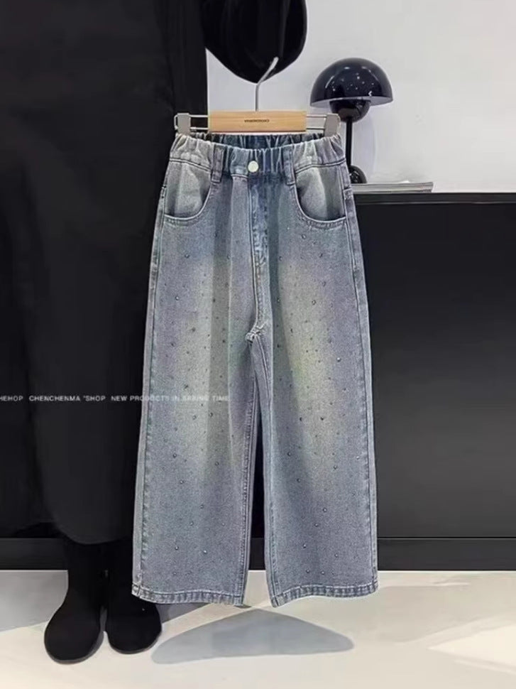 Spring Loose Rhinestone Starry Sky Denim Children's Pants