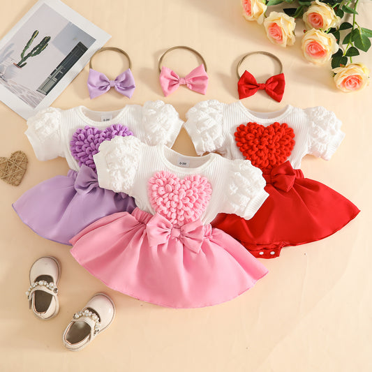 Sweet Three-dimensional Love Puff Sleeve Short-sleeved Summer Bow Jumpsuit With Children's Dress