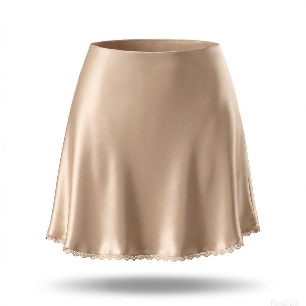 Satin High Waist Elastic Sexy Lace A- Skirt