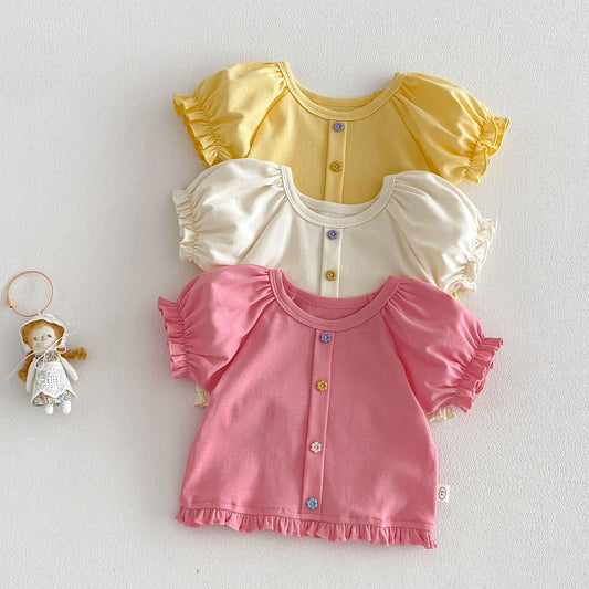 Children's Buckle Summer Clothes Thin Fashionable Korean Style Puff Children's T-shirt