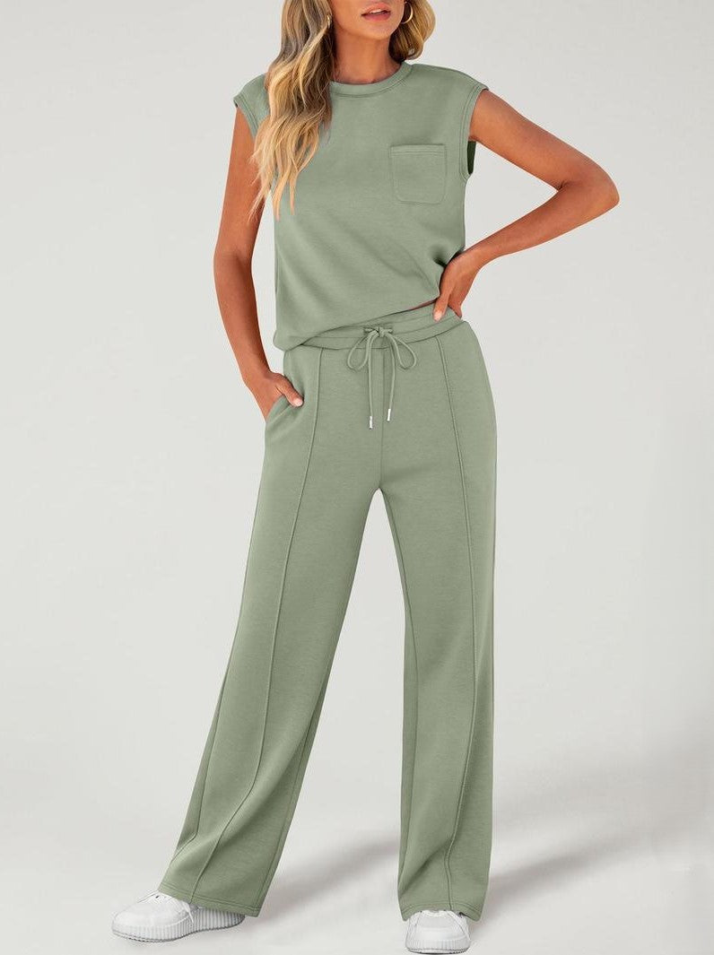 Women's Color Sleeveless High Waist Wide Leg Fashion Casual Suit