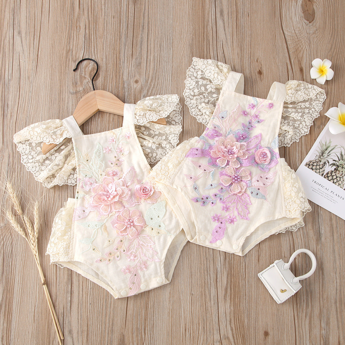 Children's Short Lace Mesh Flounced Sleeve Embroidered Pearl River Delta Jumpsuit, Climbing Suit