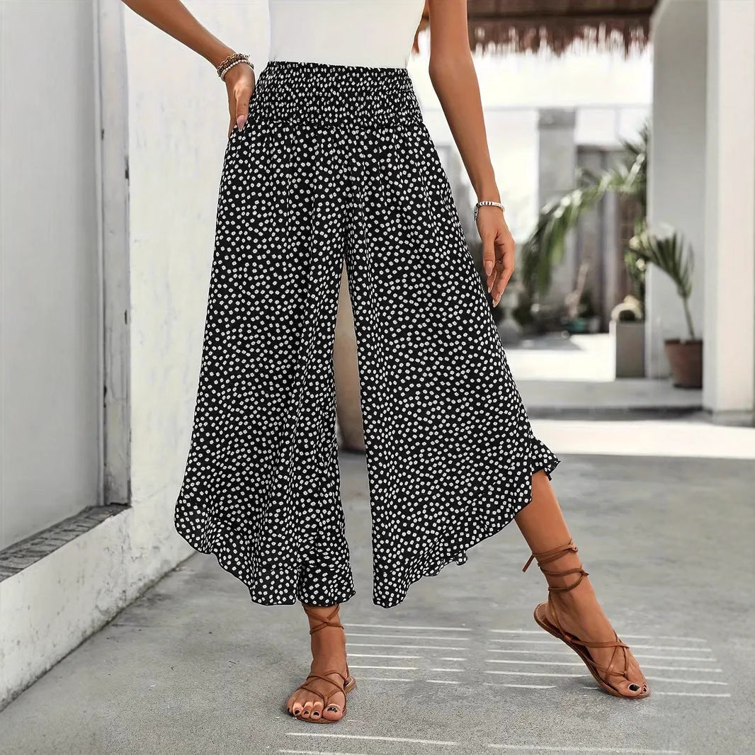 Polka-dot Loose-fitting Cinched Figure Flattering Wide Casual Pants