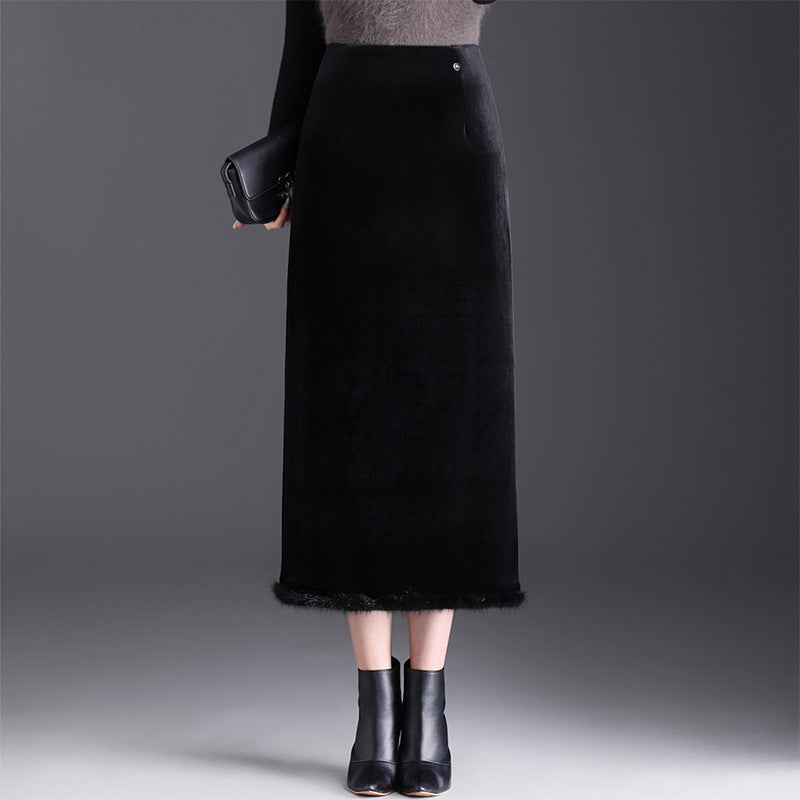 Women's Veet Fur Stitching Winter High Waist Skirts
