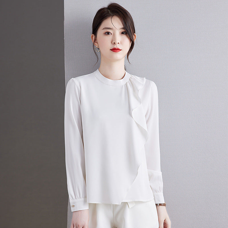 Women's Chic Ruffled Satin Shirt French Style Business Commuter Tops