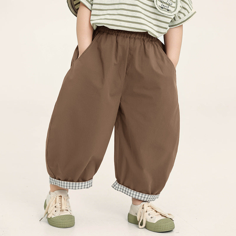 Children's Summer Korean Plaid Contrast Color Cropped Wide Children's Pants
