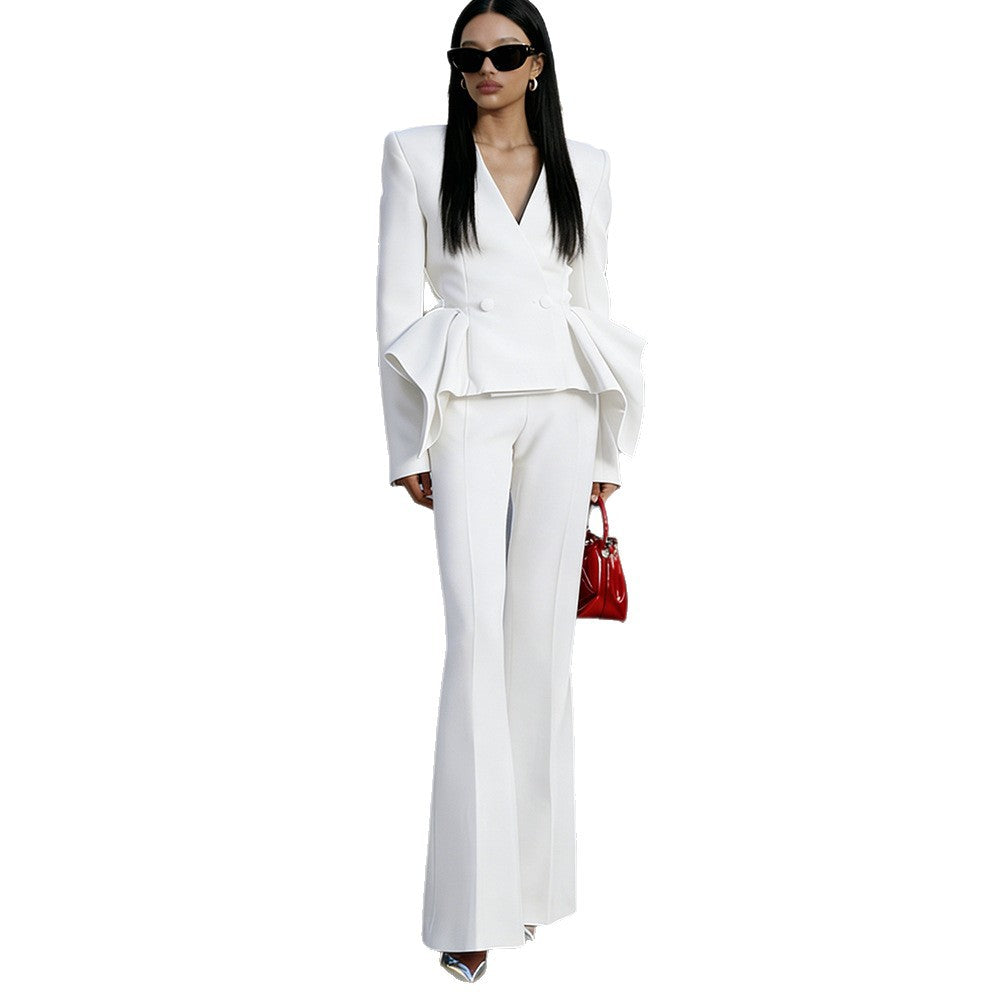 Stylish Designer Ruffle Slim Two-piece Set Fashion Casual Suit