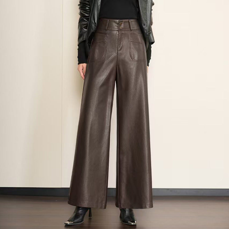 Women's Waist Wide Leg Sheep Leather Loose Trousers Pants