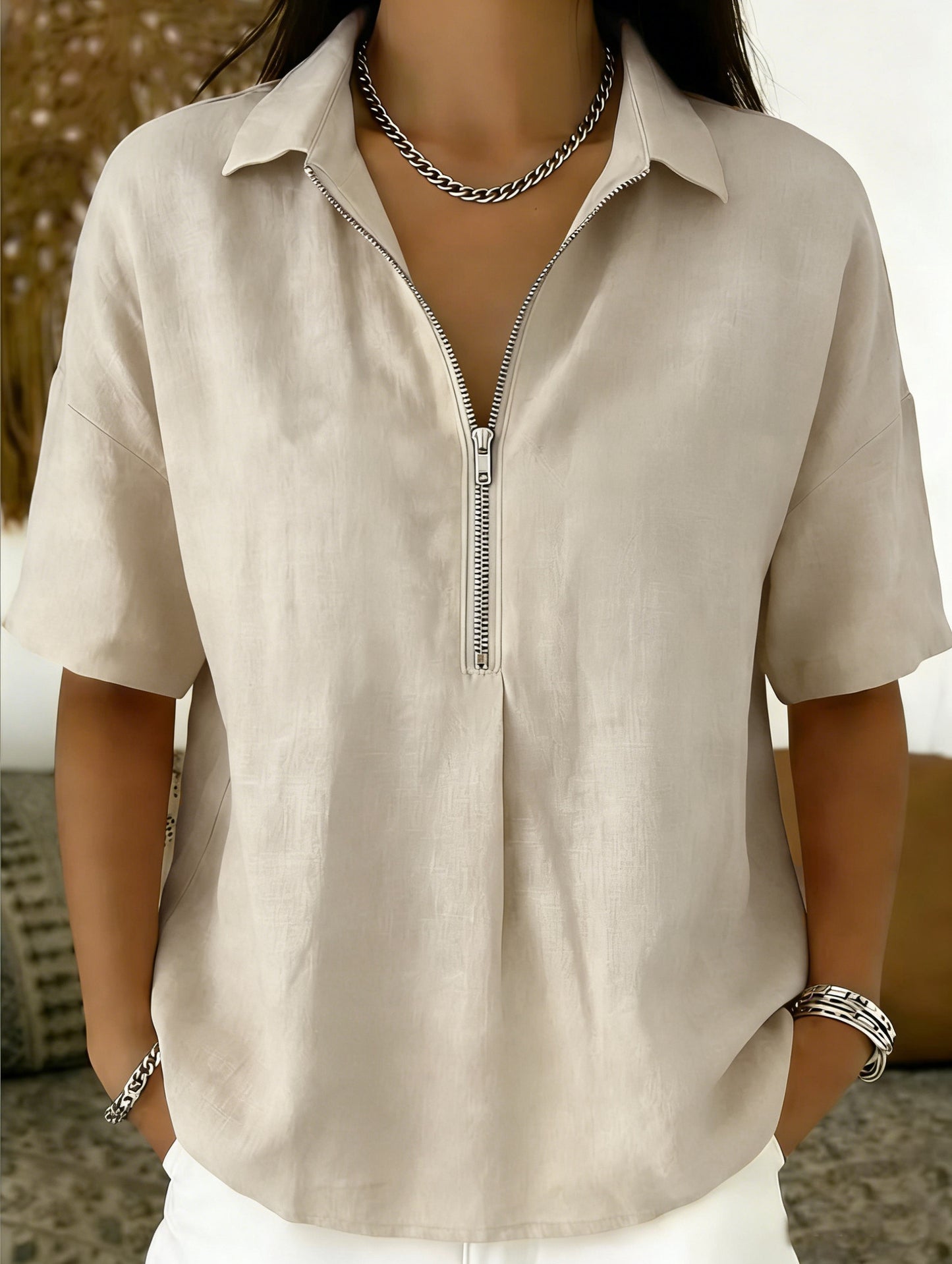 Women's Summer Shirt Fashion Solid Color Zipper Women's T-shirt
