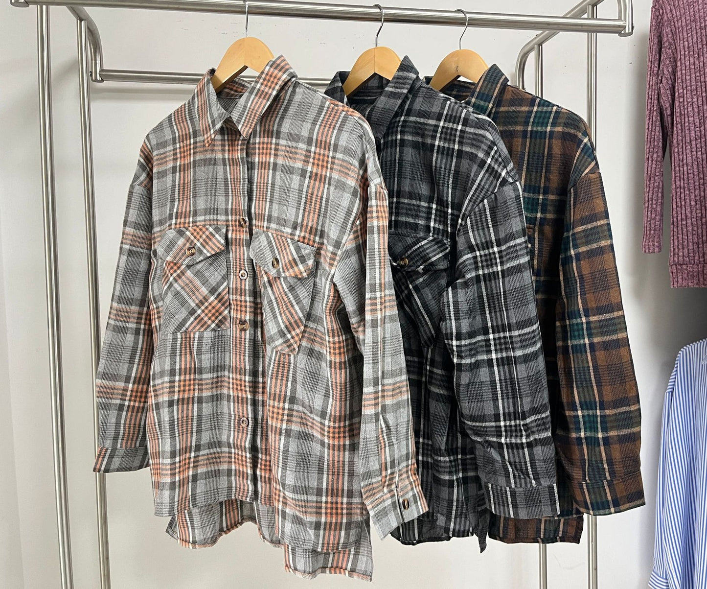 Women's Pocket Loose Long Sleeve Plaid Shirt Blouse