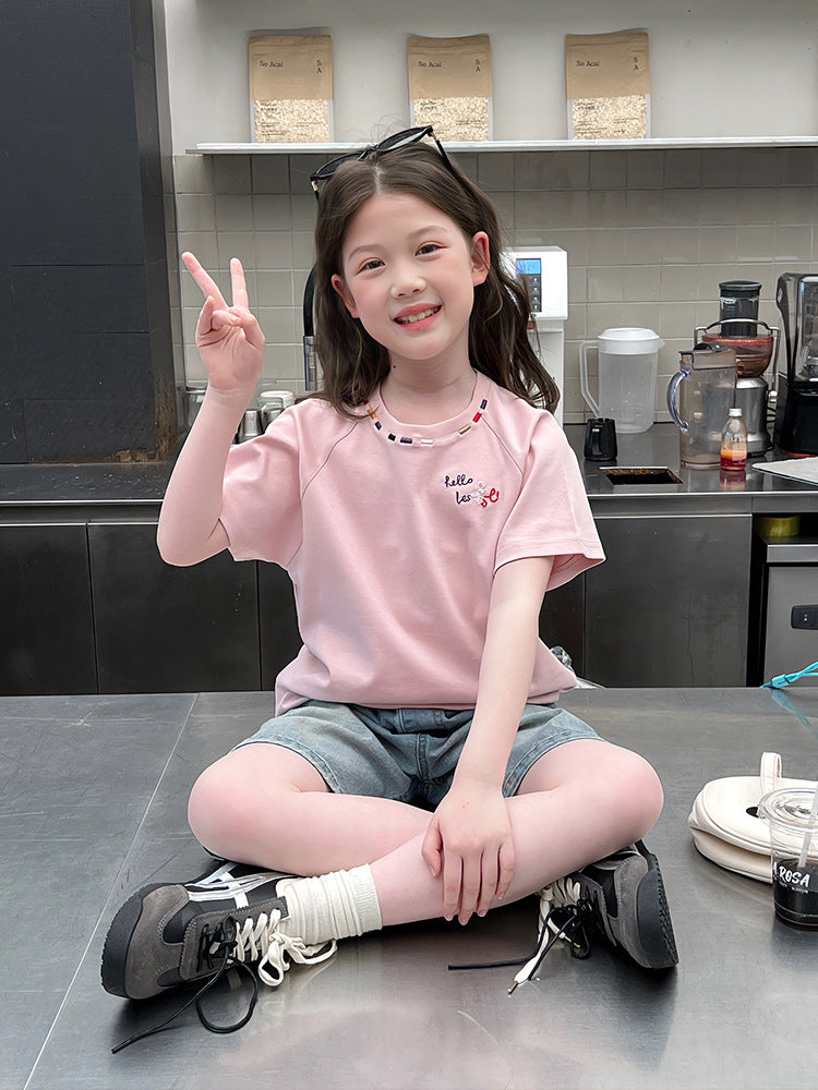 Children's Embroidery Short-sleeved Shirt Fashionable Teens Short Sleeve Clothes Children's T-shirt