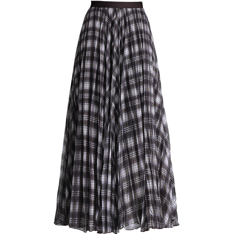 Korean Style Pleated Rhombus Encryption Yarn Elastic Waist High Skirts