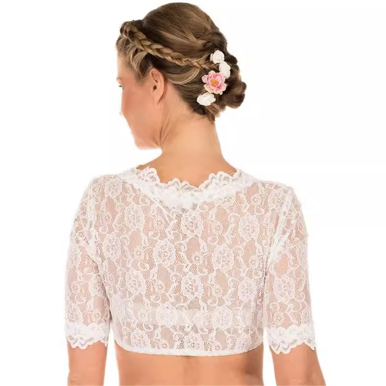 Women's Bavarian Traditional Ding Dong Small White Lace Shirt, Chiffon Shirt
