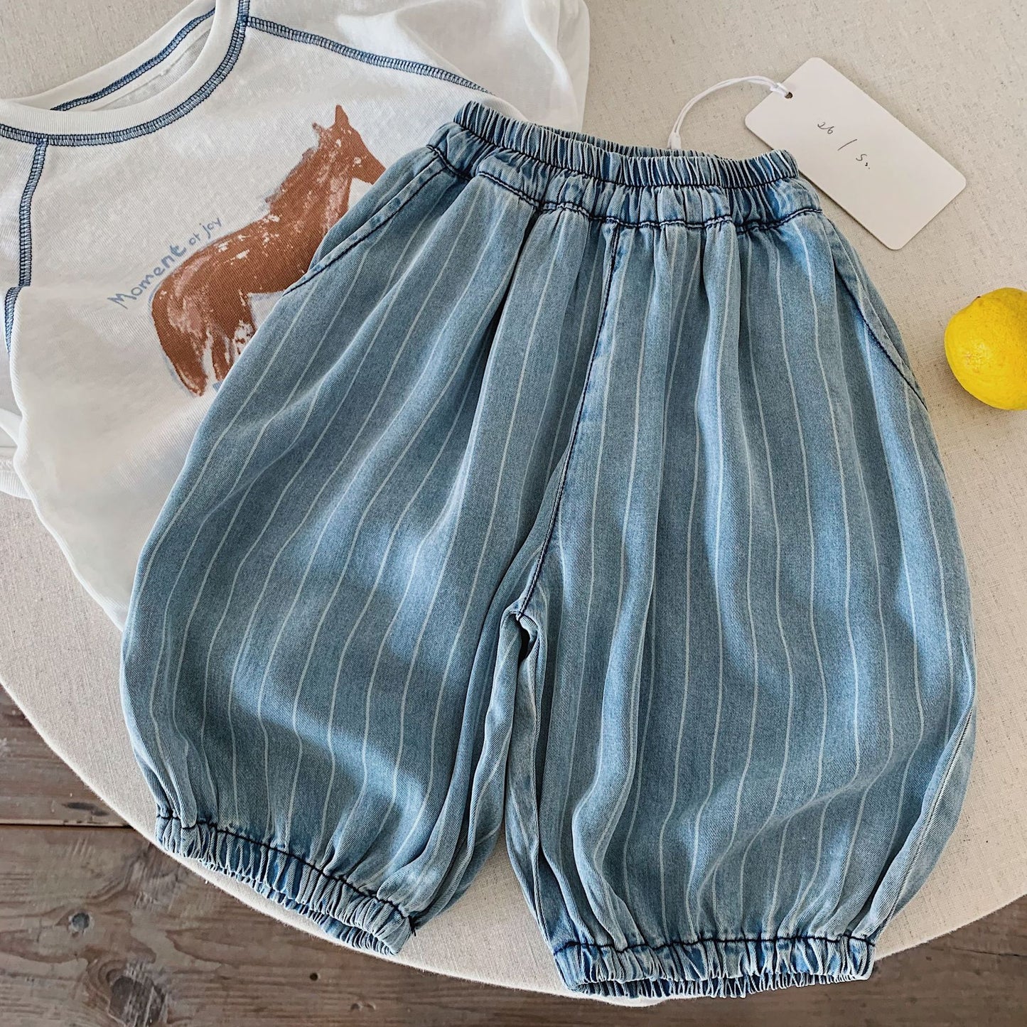 Children's Boy Vertical Stripe Denim Thin Loose Cropped Children's Pants