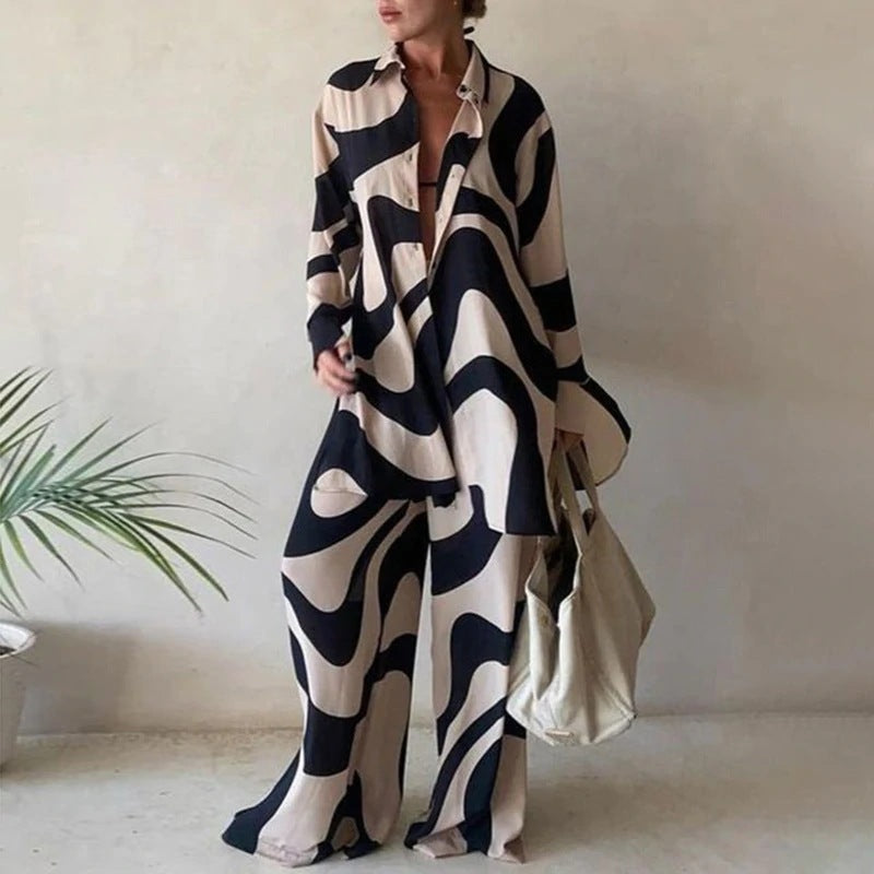 Women's Printed Loose Long Sleeves Straight Jumpsuits