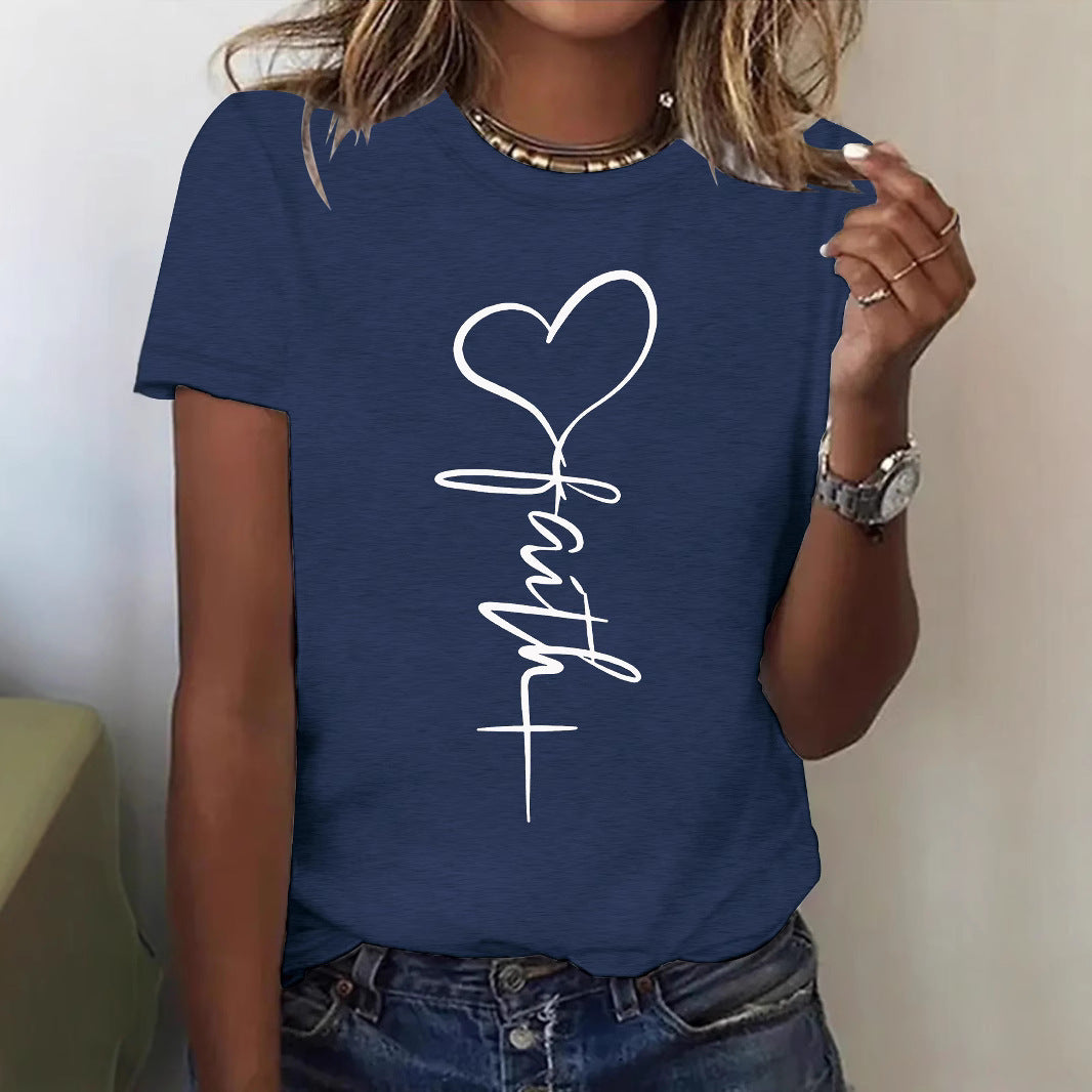 Women's Cute Printed Sleeve Elegant Heart Love Letter Pattern Round Neck Women's T-shirt