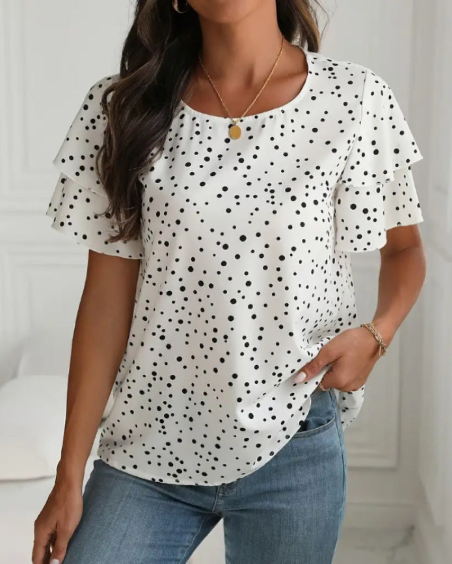 Women's Summer Princess Sleeves Polka Dot Printed Large Size T-shirt