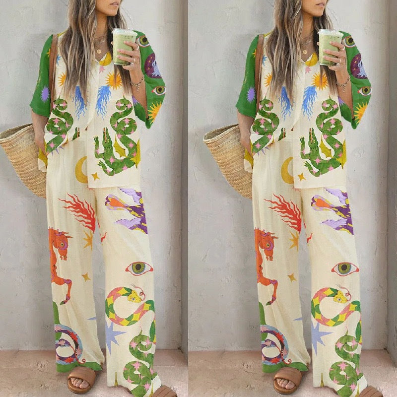 Women's Cartoon Printed Shirt Loose-fitting Trousers Set Fashion Casual Suit