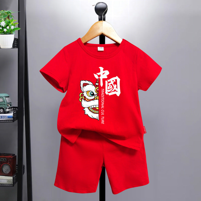 Children's Year's Day Costume Red Short-sleeved Siblings Clothes Children's Suit