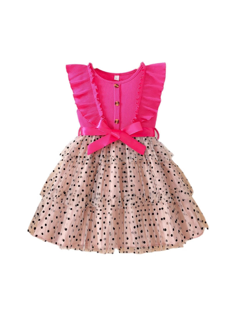 Flying Sleeves Polka Dot Mesh Princess Western Net Yarn Children's Dress