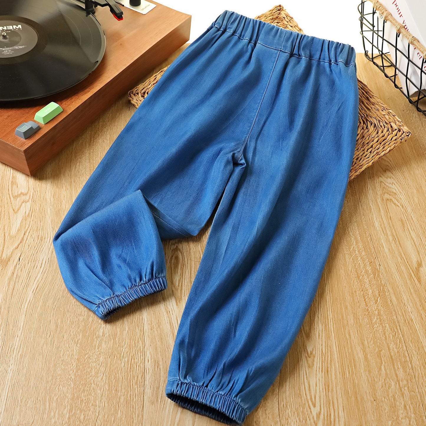 Children's Autumn Silk Denim Wooden Ear Pocket Cute Children's Pants