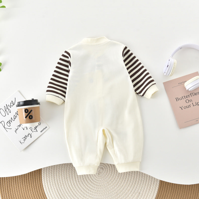 Strap Striped Jumpsuit Bear Fake Two-piece Embroidery Cute Jumpsuit, Climbing Suit