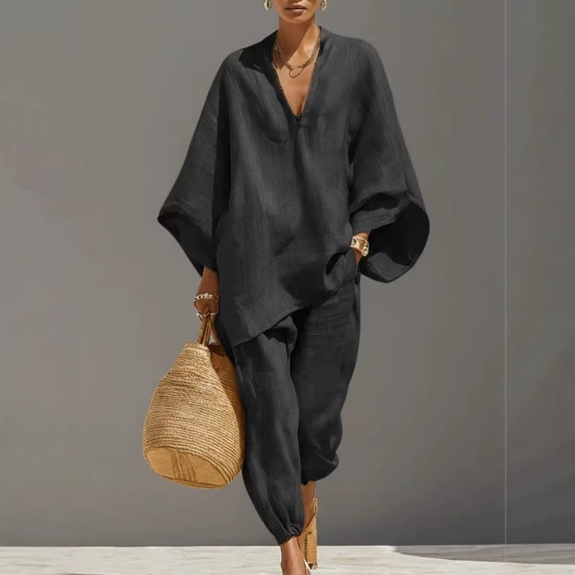 Women's Two-piece Idle Style Design Loose Shirt Suits